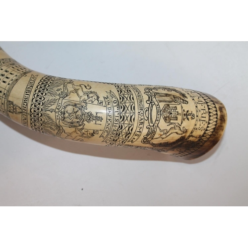 916 - A scrimshaw work power horn executed by Elizabeth Milligan of Dumfries in 1855, the body incised wit... 