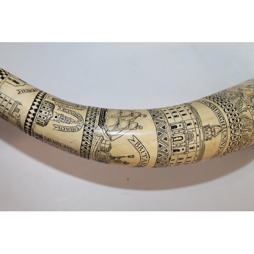 916 - A scrimshaw work power horn executed by Elizabeth Milligan of Dumfries in 1855, the body incised wit... 