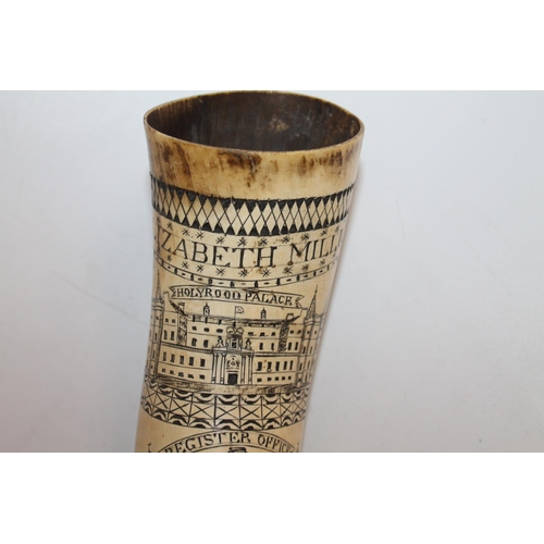 916 - A scrimshaw work power horn executed by Elizabeth Milligan of Dumfries in 1855, the body incised wit... 