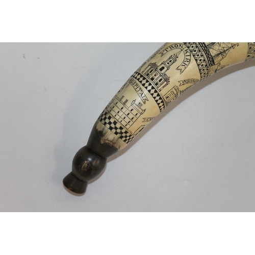 916 - A scrimshaw work power horn executed by Elizabeth Milligan of Dumfries in 1855, the body incised wit... 