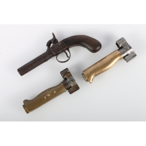 871 - Antique percussion cap pistol 18cm long, and two French bayonet hilts. 