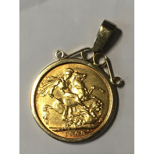 347A - UNITED KINGDOM Edward VII (1901-1910) gold sovereign 1908 in 9ct gold pendant mount, 10.1g gross.&nb... 