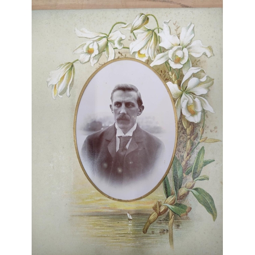 19 - Photographs. Portraits. Well worn Victorian album with litho. dec. card leaves, part filled with app... 
