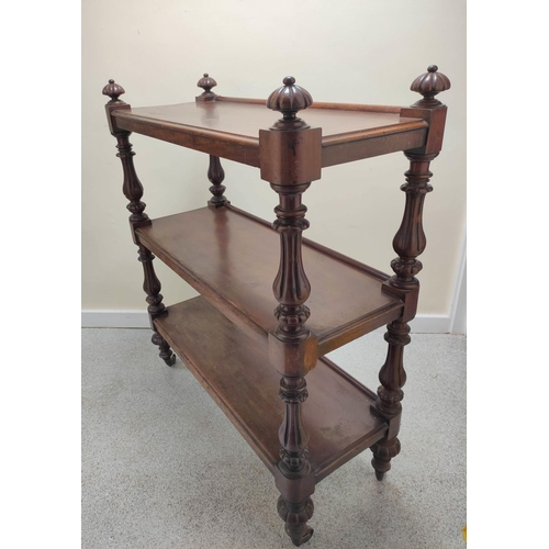 413 - Victorian  mahogany buffet table, with open tiers, on turned columns and reeded finials, on castors,... 