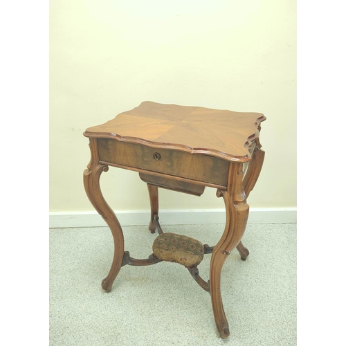 417 - Victorian mahogany sewing/work table, the shaped hinged top enclosing pigeon holes with covers above... 