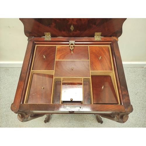 417 - Victorian mahogany sewing/work table, the shaped hinged top enclosing pigeon holes with covers above... 