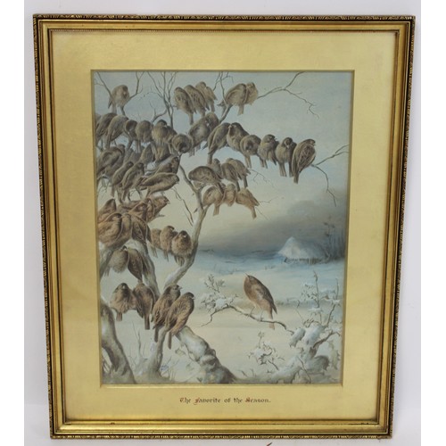 384A - 'The Favourite Of The Season' - Sparrows and a robin in a winter landscape, an overpainted print aft... 