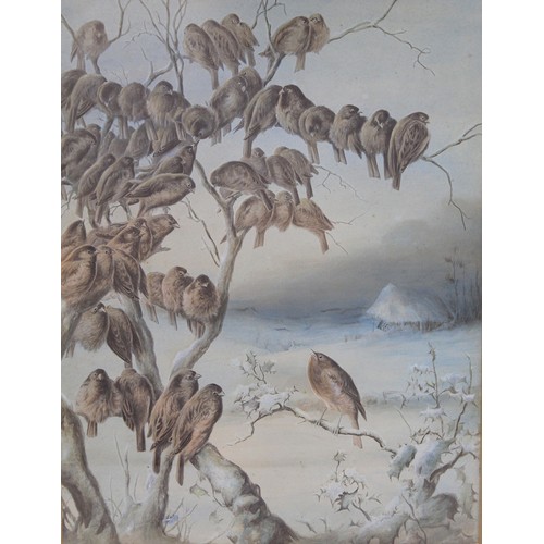 384A - 'The Favourite Of The Season' - Sparrows and a robin in a winter landscape, an overpainted print aft... 