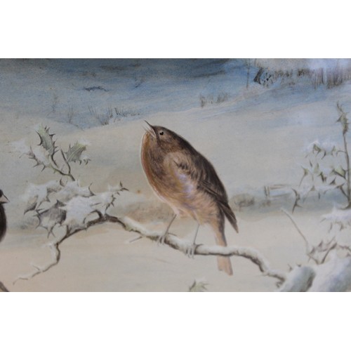 384A - 'The Favourite Of The Season' - Sparrows and a robin in a winter landscape, an overpainted print aft... 