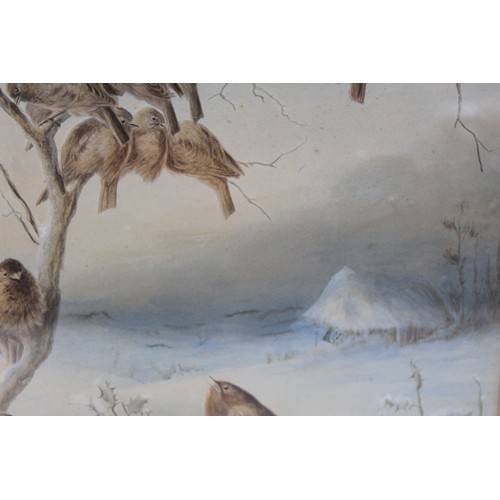 384A - 'The Favourite Of The Season' - Sparrows and a robin in a winter landscape, an overpainted print aft... 