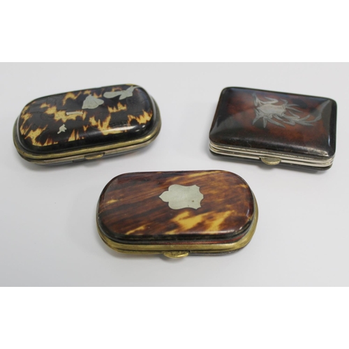 182 - Three 19th century tortoiseshell coin purses with white metal inlay, one inscribed 