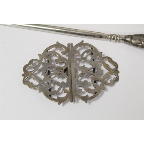 183 - Chinese silver filigree dish with impressed marks, 17cm diam.; a pierced silver belt buckle; silver ... 