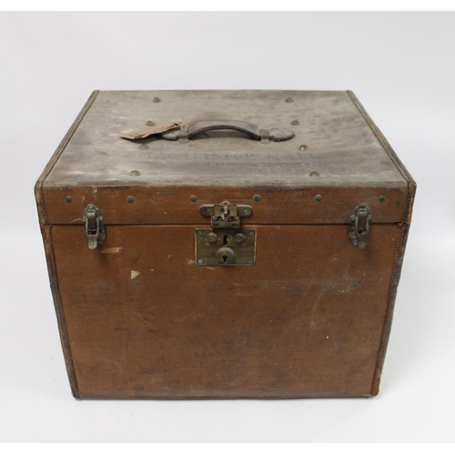 196 - 19th or early 20th century canvas travelling trunk by Liprosta of Dresden with applied triangular st... 