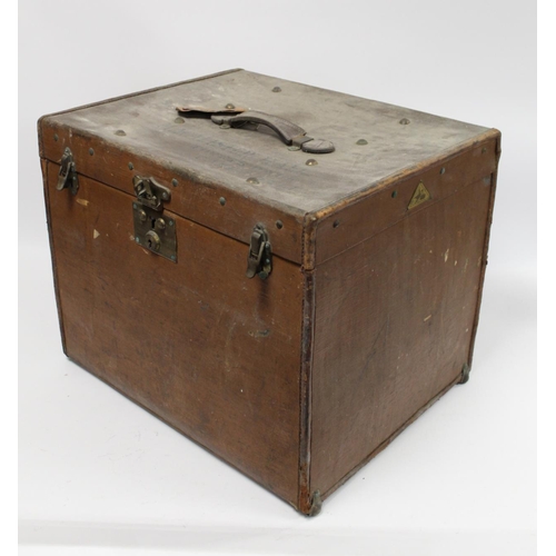 196 - 19th or early 20th century canvas travelling trunk by Liprosta of Dresden with applied triangular st... 