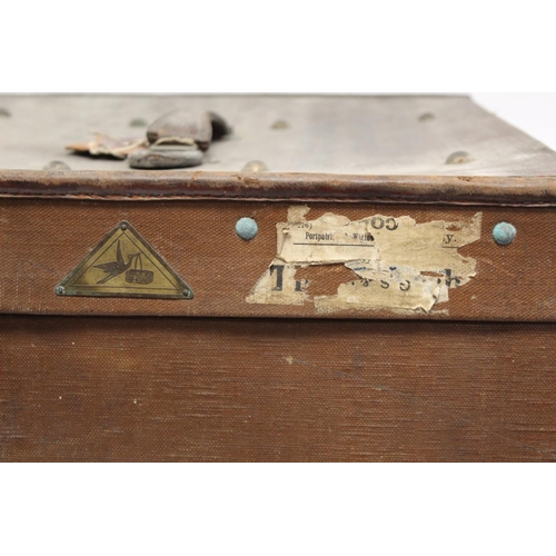 196 - 19th or early 20th century canvas travelling trunk by Liprosta of Dresden with applied triangular st... 