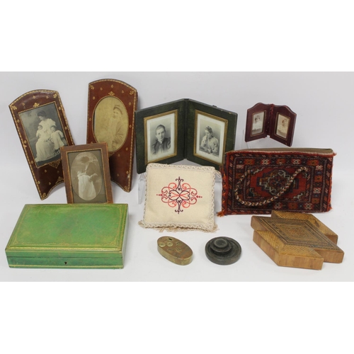 198 - Small collection of miscellanea including 19th century brass combination lock snuff box of oval form... 