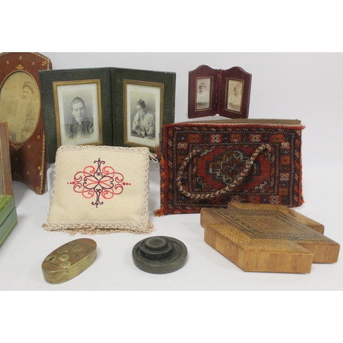 198 - Small collection of miscellanea including 19th century brass combination lock snuff box of oval form... 