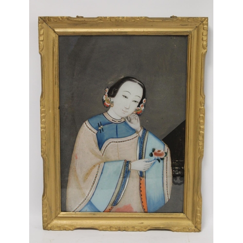 200 - 19th century Chinese reverse painting on glass depicting a maiden holding a flower, 59.5cm x 34.5cm,... 