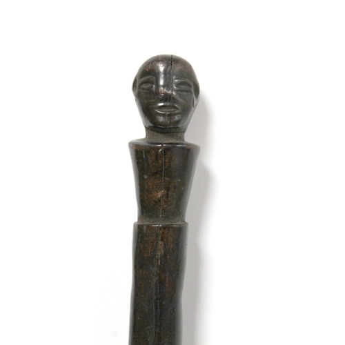 355 - African tribal dance stick of short spear form in two tone hardwood, 75cm long and another stick or ... 