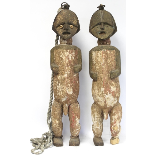 358 - Pair of African tribal Gabon/DRC Ambete Mbete carved wooden standing reliquary figures of typical fo... 