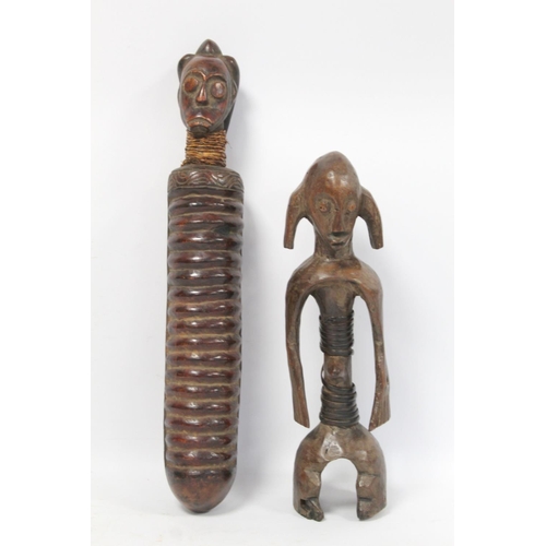 364 - African tribal carved hardwood standing figure, possibly Fang, the torso with cane binding, 33cm hig... 