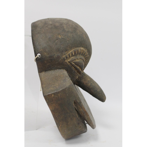 365 - African tribal DRC Soko Mutu Hemba carved mask, 30cm long and another decorated with white and red p... 