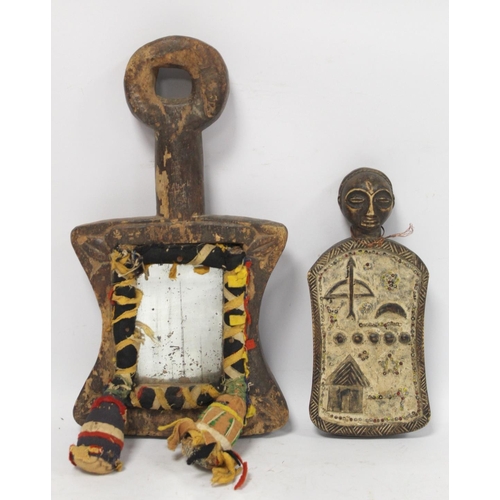 370 - African DRC Luba divination board with carved and bead decoration, 23cm long; also a mirror with car... 