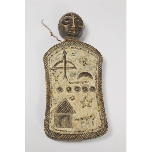 370 - African DRC Luba divination board with carved and bead decoration, 23cm long; also a mirror with car... 