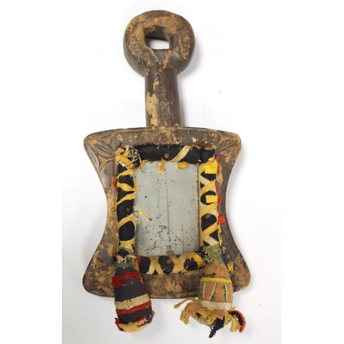 370 - African DRC Luba divination board with carved and bead decoration, 23cm long; also a mirror with car... 