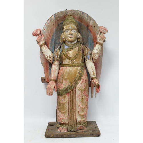 371 - Antique large Indian carved wooden standing shrine figure of the deity Lakshmi, Goddess of Wealth an... 