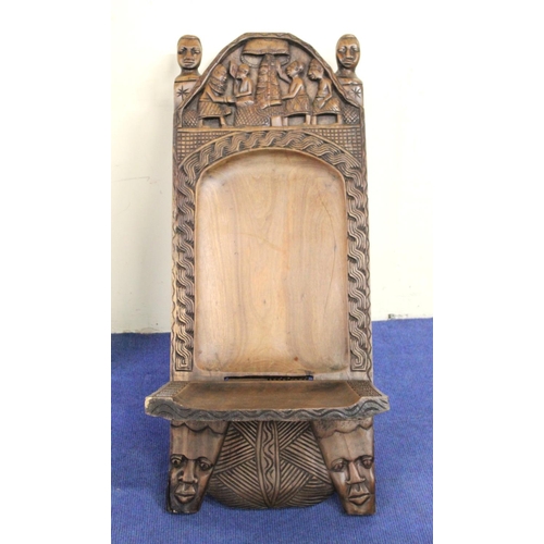 373 - Modern African Nigerian carved hardwood folding chair in two parts, the arched top with mask head fi... 