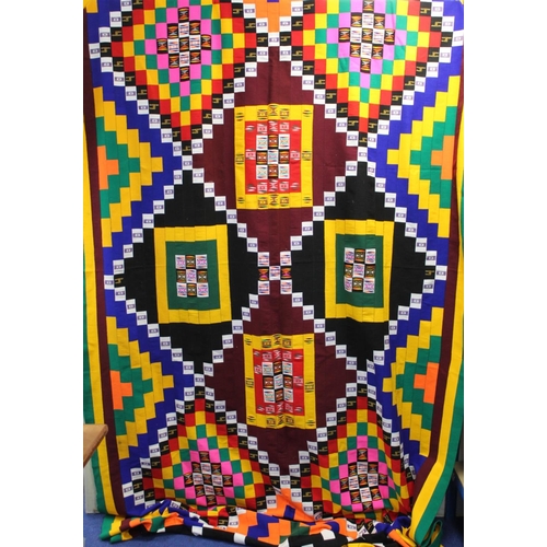 379 - Modern African stitched strip woven cloth in polychrome and metallic threads with geometric pattern.