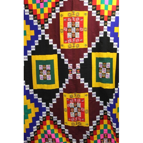 379 - Modern African stitched strip woven cloth in polychrome and metallic threads with geometric pattern.