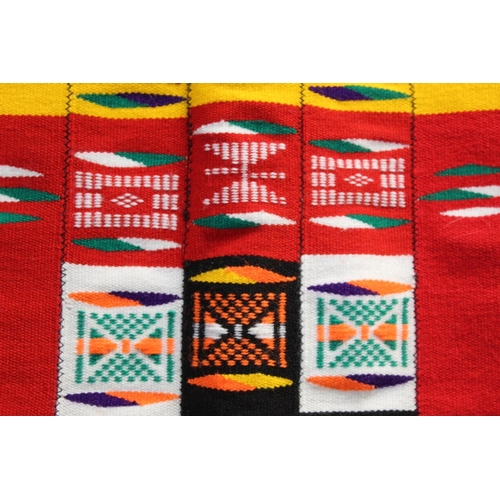 379 - Modern African stitched strip woven cloth in polychrome and metallic threads with geometric pattern.