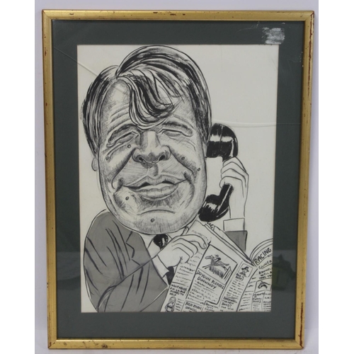 382 - Monochrome caricature drawing of Sir Michael Stoute, the race horse trainer, mixed media, 38cm x 27c... 