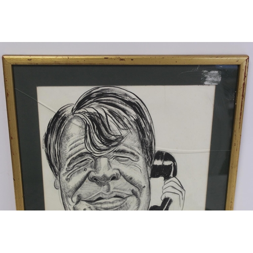 382 - Monochrome caricature drawing of Sir Michael Stoute, the race horse trainer, mixed media, 38cm x 27c... 