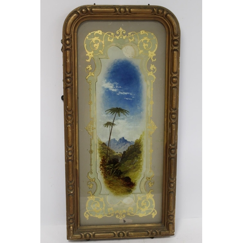 384 - Victorian reverse painting on glass ' Swiss Valley Near Perropolis' within gilt foliate scroll borde... 