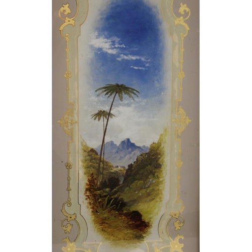 384 - Victorian reverse painting on glass ' Swiss Valley Near Perropolis' within gilt foliate scroll borde... 