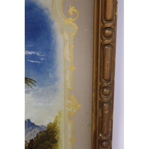 384 - Victorian reverse painting on glass ' Swiss Valley Near Perropolis' within gilt foliate scroll borde... 