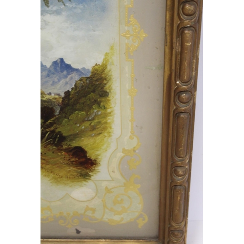 384 - Victorian reverse painting on glass ' Swiss Valley Near Perropolis' within gilt foliate scroll borde... 