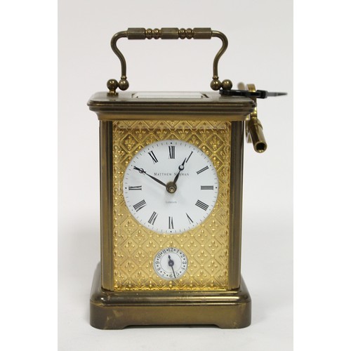 184 - Matthew Norman, London, carriage clock with alarm striking on a bell, the principal dial above a sub... 