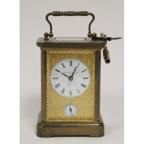 184 - Matthew Norman, London, carriage clock with alarm striking on a bell, the principal dial above a sub... 