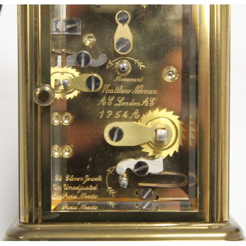 184 - Matthew Norman, London, carriage clock with alarm striking on a bell, the principal dial above a sub... 