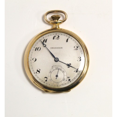 184A - Grosvenor Swiss keyless lever dress watch with silvered dial in 9ct gold openface case, 1930.