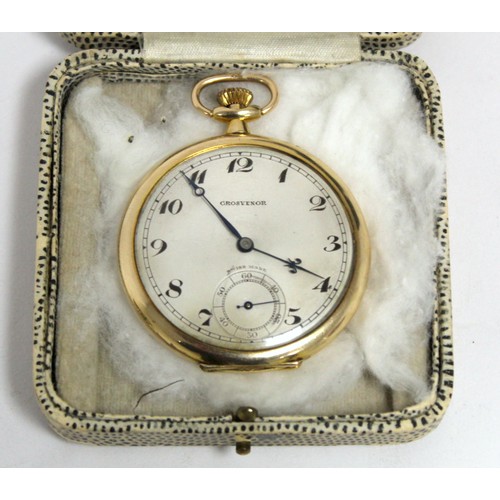 184A - Grosvenor Swiss keyless lever dress watch with silvered dial in 9ct gold openface case, 1930.