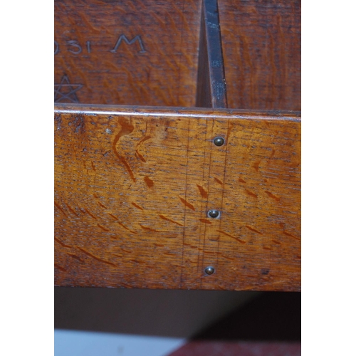 367 - Arts & Crafts 1930s oak stick stand in the manner of Keswick Lake School, decorated with small m... 