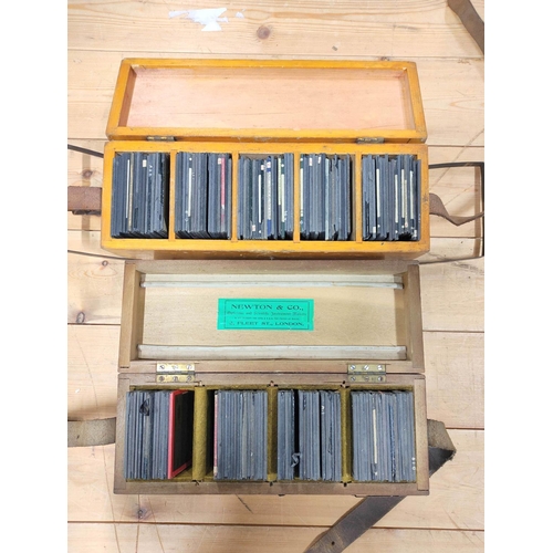 77 - Two boxes of approx 150 mixed monochrome & colour glass slides mostly comprising of moral and re... 