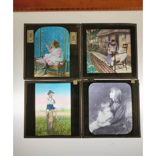 77 - Two boxes of approx 150 mixed monochrome & colour glass slides mostly comprising of moral and re... 