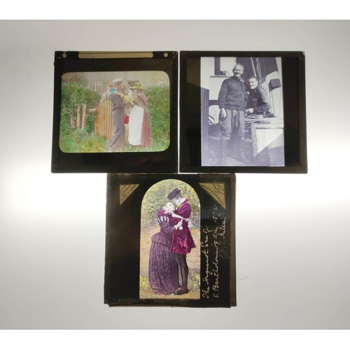 77 - Two boxes of approx 150 mixed monochrome & colour glass slides mostly comprising of moral and re... 