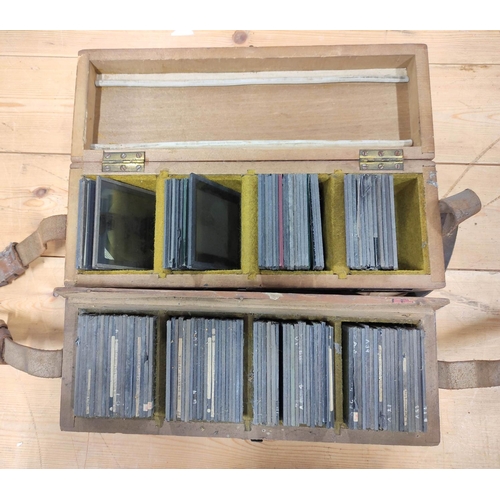 78 - Two boxes of approx 125 mixed monochrome & colour glass slides, many by Newton & Co, compris... 